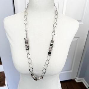 Silver and black tone rhinestone studded charm adjustable chain long necklace